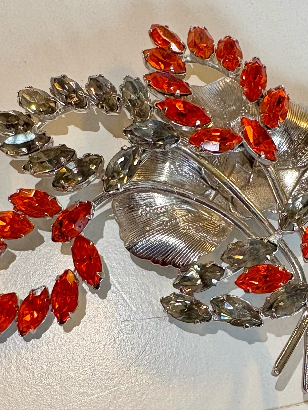Vintage Bond Boyd Orange and Silver Crystal Leaf Brooch - Women Accessories